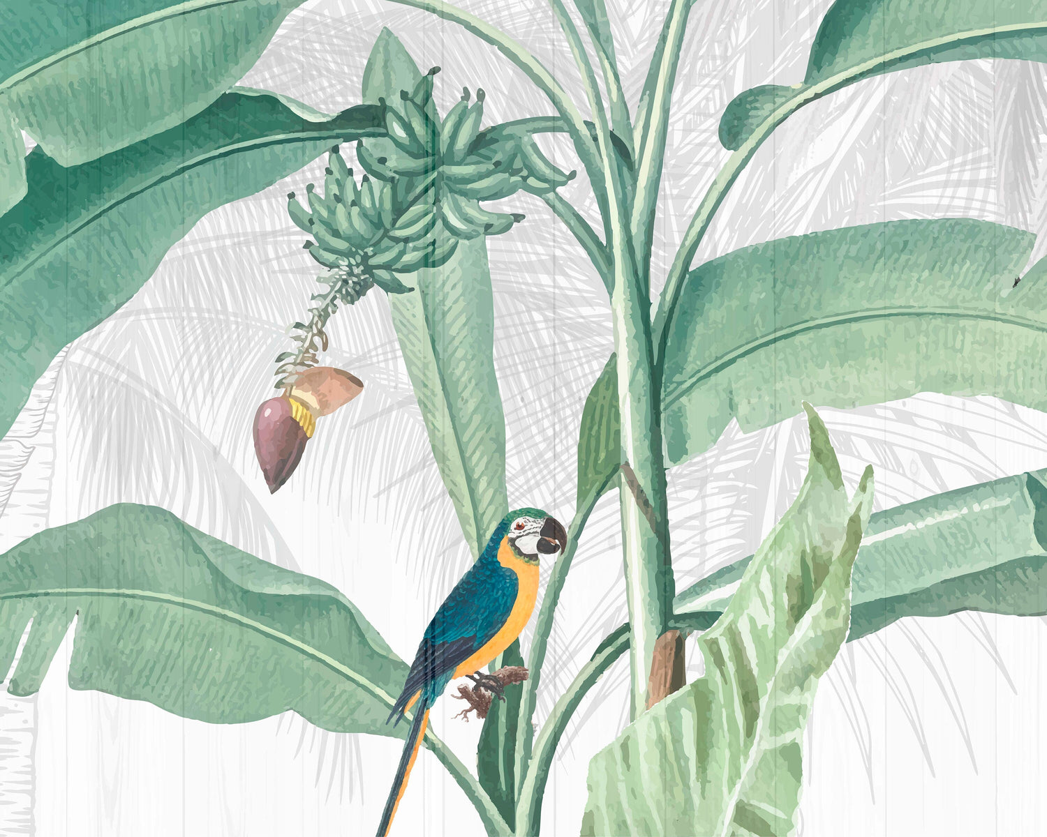 Green Tulsi tropical jungle wallpaper mural featuring lush green foliage and vibrant jungle scenery for home decor.