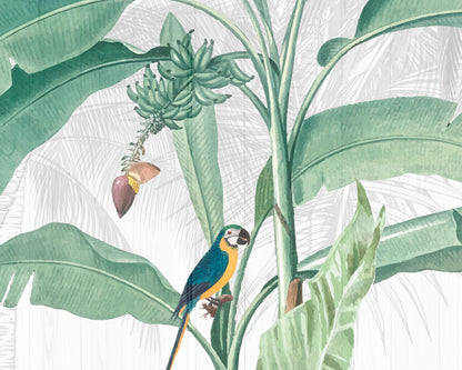 Green Tulsi tropical jungle wallpaper mural featuring lush green foliage and vibrant jungle scenery for home decor.