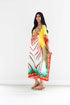 Traditional tribal African kaftan dress by Erin Pontus with vibrant patterns, flowing fabric, and intricate design details.