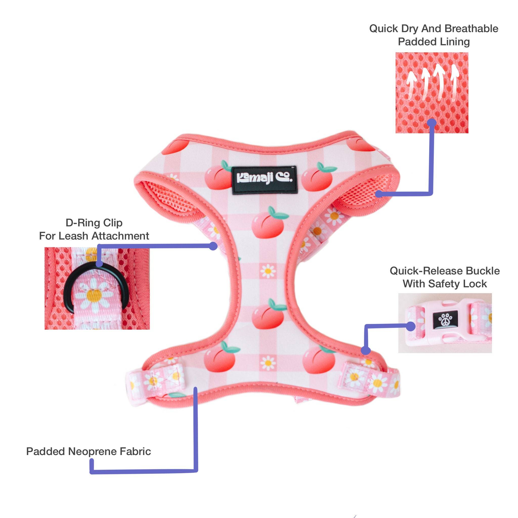 Lilac Hemera Precious Peach Collection adjustable pet harness with pink and peach floral design on soft material.