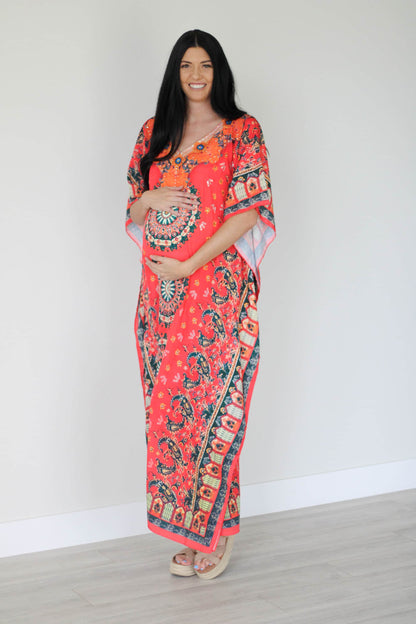 Erin Pontus Mexican silk kaftan dress for women, loose summer maxi dress with vibrant patterns and flowing fit.