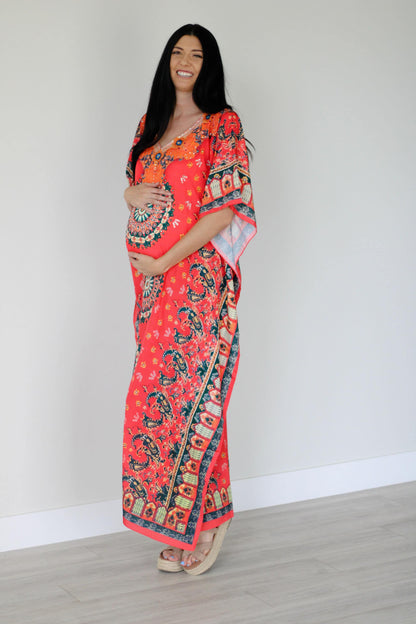 Elegant silk Mexican kaftan dress by Erin Pontus featuring a loose, flowing maxi style perfect for summer wear.