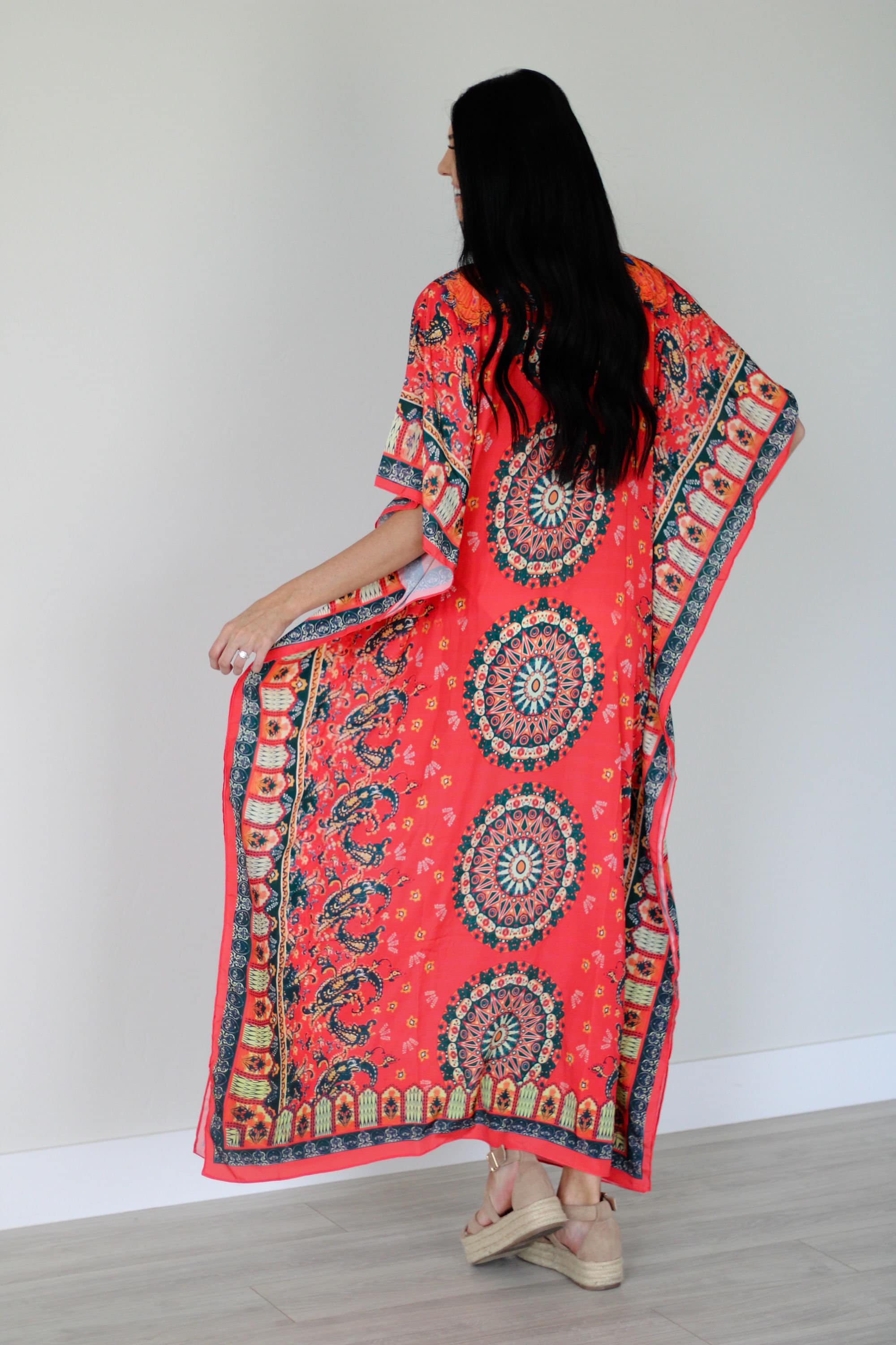 Erin Pontus Mexican silk kaftan dress, summer loose maxi dress for women with vibrant patterns and flowing design.