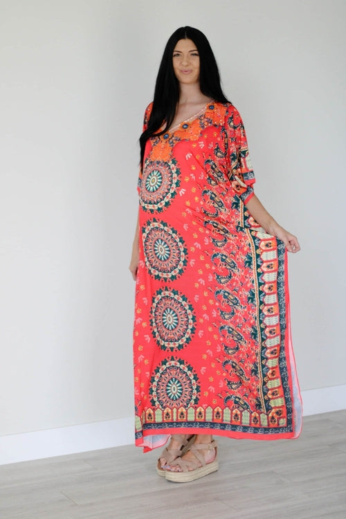 Erin Pontus Mexican silk kaftan dress with a loose, flowing maxi design for women, perfect for summer wear.