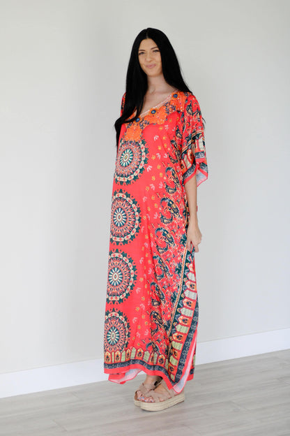 Elegant Mexican silk kaftan dress by Erin Pontus featuring a loose, flowing summer maxi design for women.