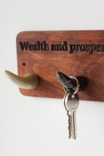 Coral Chronos key hanger with hooks for entryway wall organizer, jewelry and watch storage, mounted on a wooden wall.