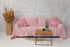Magenta Sugarplum Woodrose linen couch cover draped over a sofa, showcasing soft, textured home decor for a stylish living space.