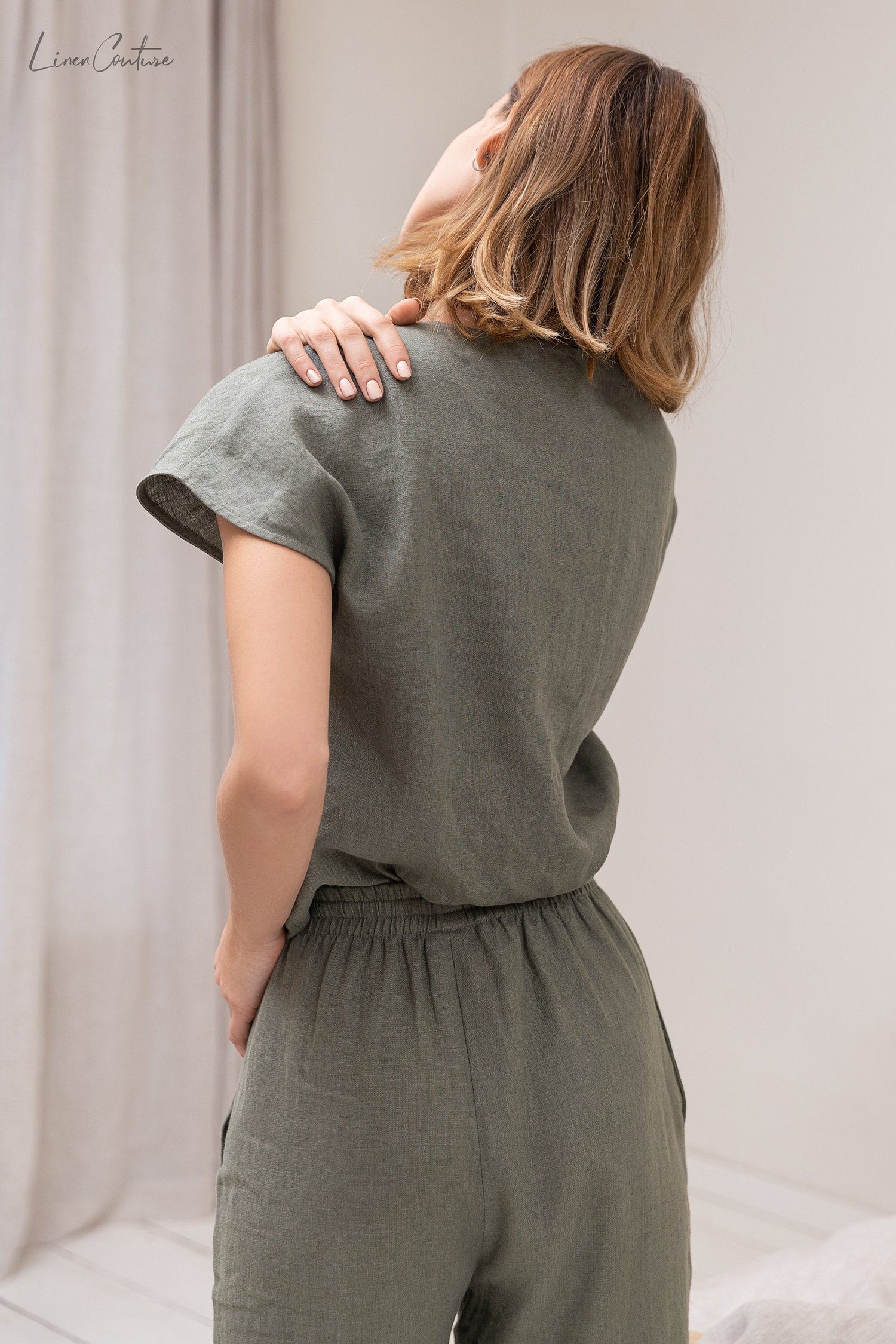 Safari green linen pajama set by Magenta Sugarplum, natural linen sleepwear with relaxed fit and soft fabric for comfortable loungewear.