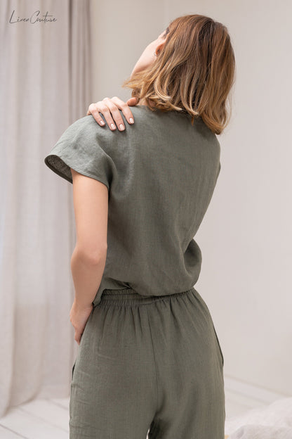 Safari green linen pajama set by Magenta Sugarplum, natural linen sleepwear with relaxed fit and soft fabric for comfortable loungewear.