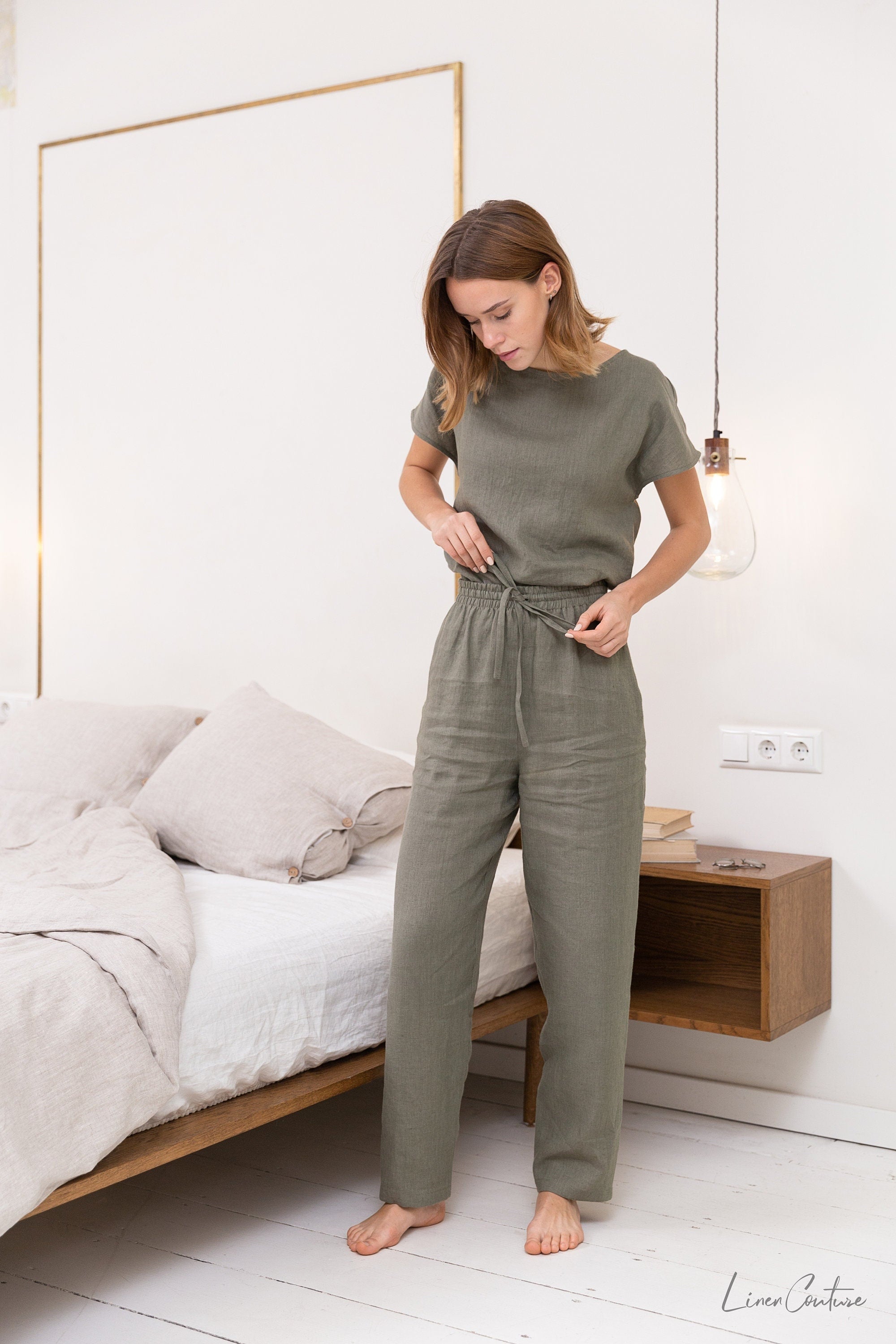 Safari green linen pajama set by Magenta Sugarplum, natural linen sleepwear with relaxed fit and comfortable loungewear design.