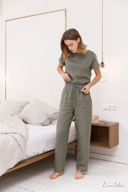 Safari green linen pajama set by Magenta Sugarplum, natural linen sleepwear with relaxed fit and comfortable loungewear design.