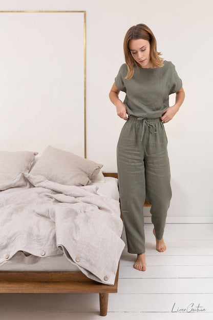 Safari green linen pajama set by Magenta Sugarplum, natural linen sleepwear with relaxed fit and comfortable loungewear style.