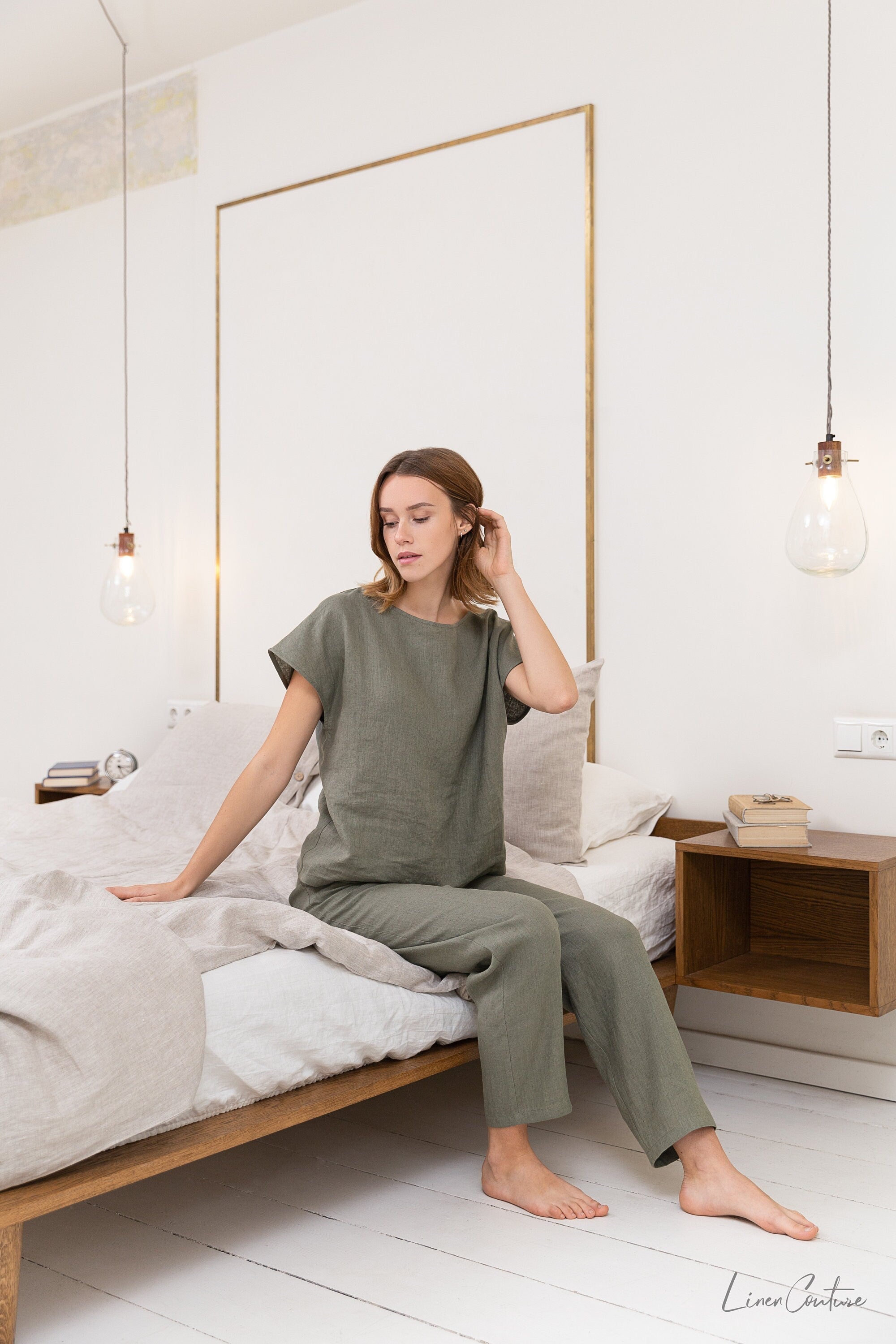 Safari green linen pajama set by Magenta Sugarplum, natural linen sleepwear with relaxed fit and comfortable lounge style.