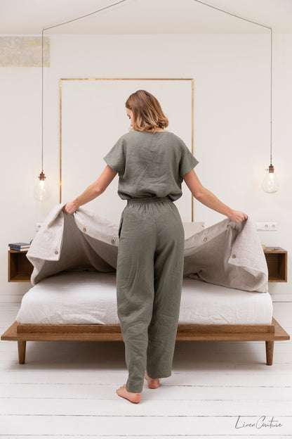Safari green linen pajama set by Magenta Sugarplum, natural linen sleepwear with relaxed fit and soft fabric for comfortable loungewear