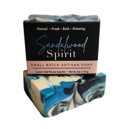Yellow Shadow Sandalwood Spirit Soap for bath and beauty, featuring a creamy soap bar with sandalwood scent and branding details.