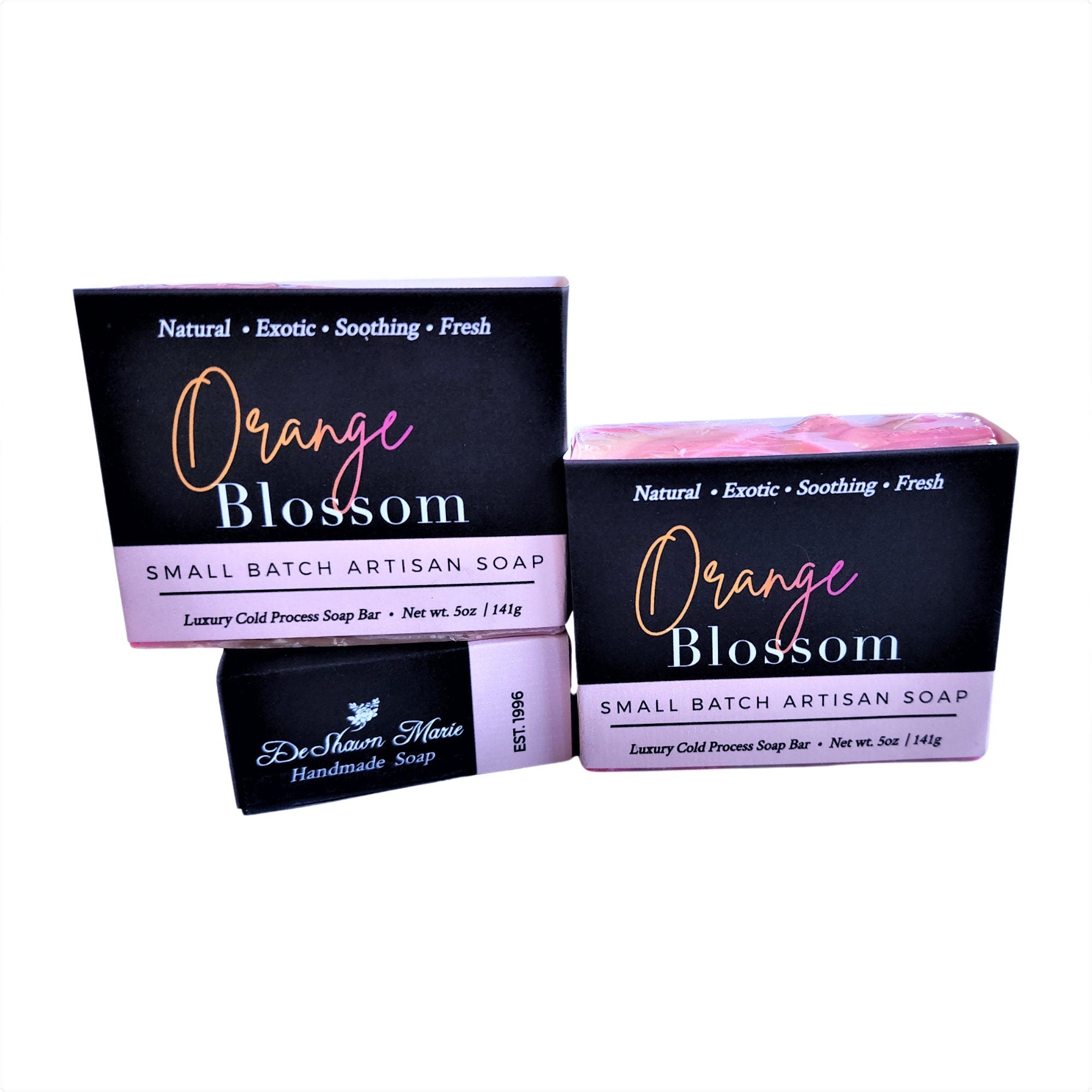 Yellow Shadow Orange Blossom Soap for bath and beauty, featuring a bright orange and white soap bar with floral scent details.