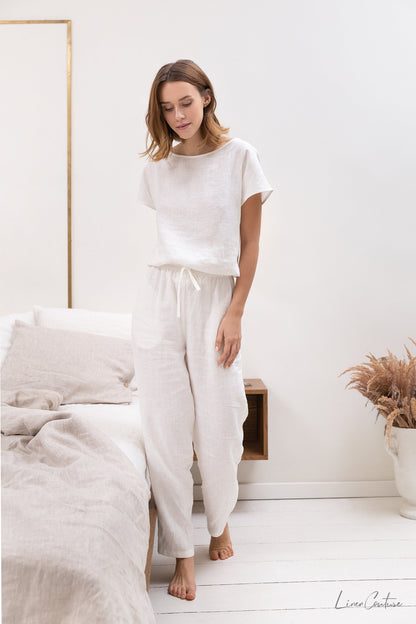 White linen pajama set by Magenta Sugarplum featuring natural linen fabric, perfect for comfortable sleepwear and loungewear.