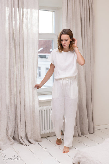 White linen pajama set by Magenta Sugarplum featuring a relaxed sleepwear style with natural linen fabric and comfortable fit.