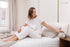 White linen pajama set by Magenta Sugarplum featuring natural linen fabric, comfortable sleepwear and loungewear for relaxed evenings.