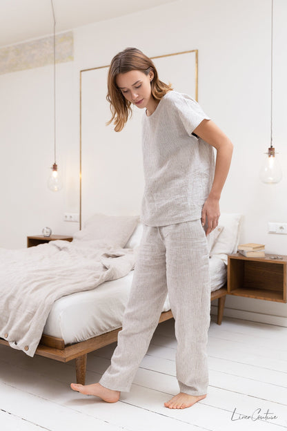 Striped beige linen pajama set by Magenta Sugarplum, featuring relaxed sleepwear with natural linen fabric and comfortable fit.