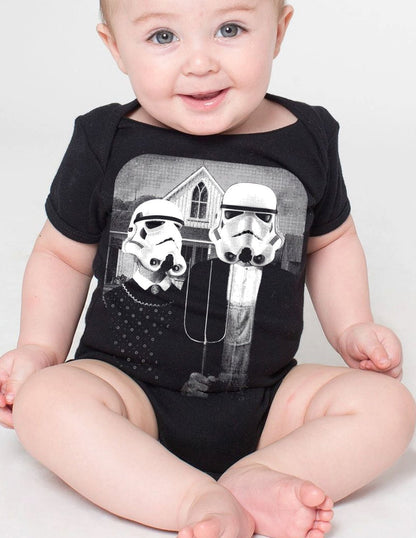 Baby onesie featuring Star Wars American Gothic design by Indigo Tiger, with cartoon characters and gothic art style on soft fabric.