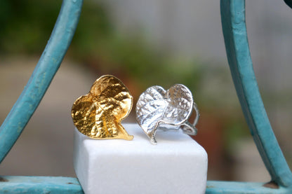 Gold-plated brass forest leaf ring from Beige Briseis, adjustable plant jewelry with detailed leaf design.