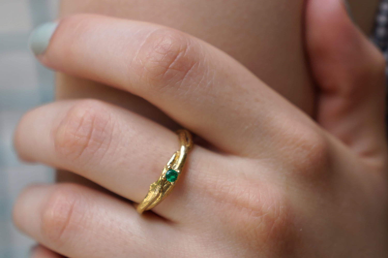 14k gold olive branch ring on silver, natural-inspired jewelry by Beige Briseis featuring delicate twig design.