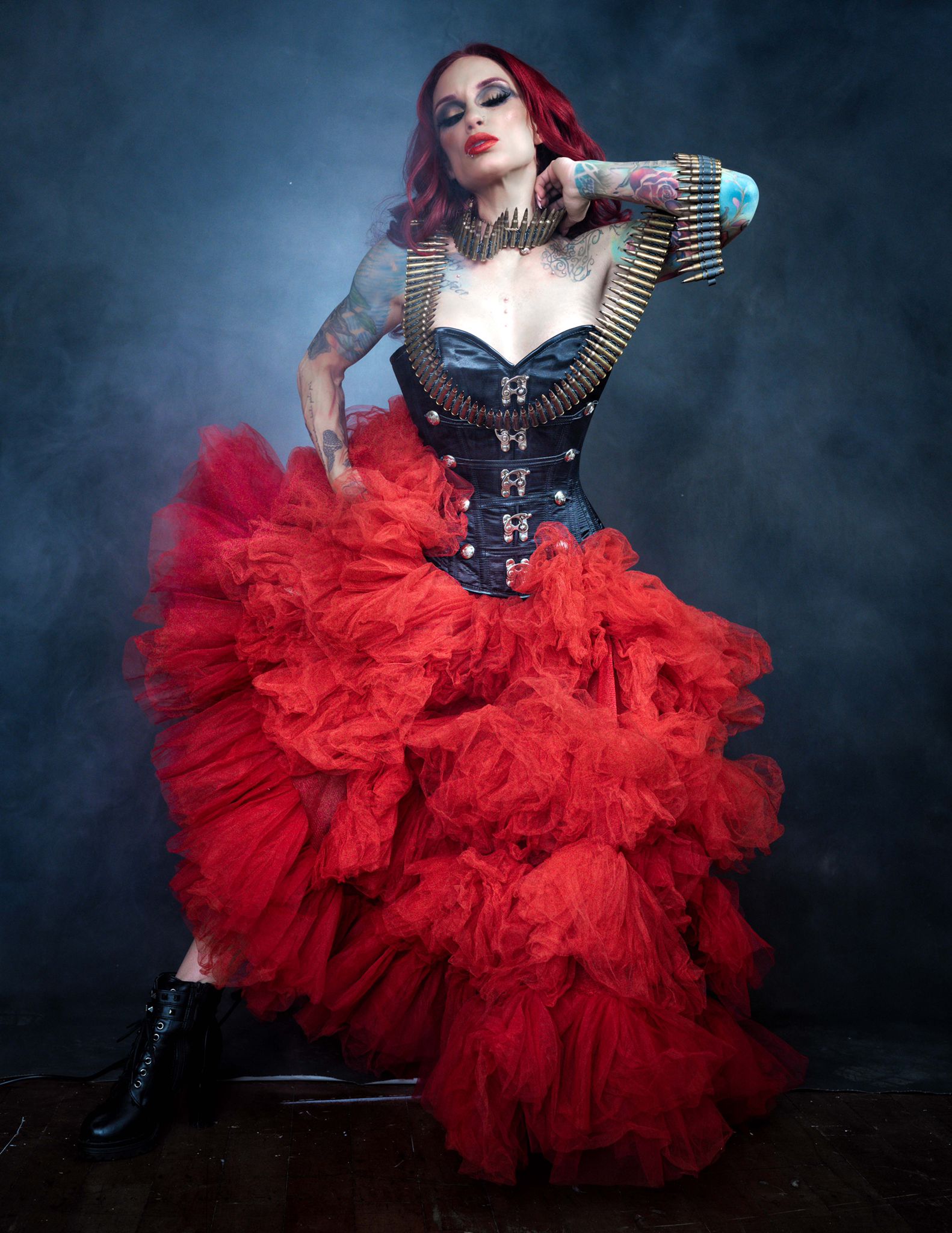 Red tulle skirt from Champagne Pontus, Nelle Ombre collection, featuring layered fabric and elegant design for women&
