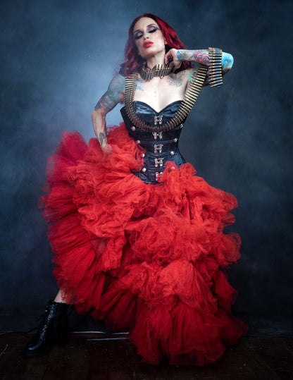 Red tulle skirt from Champagne Pontus, Nelle Ombre collection, featuring layered fabric and elegant design for women&
