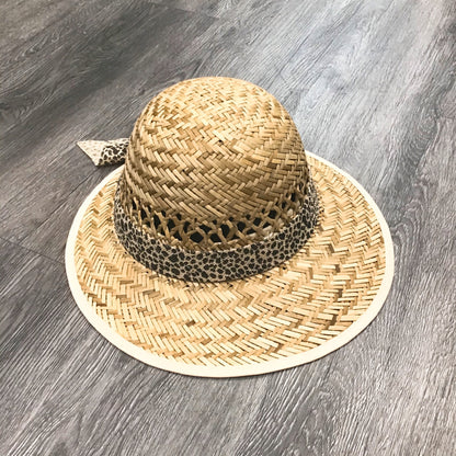 Violet Medea leopard bow straw visor hat with wide brim and adjustable strap, perfect for sun protection and stylish outdoor wear.