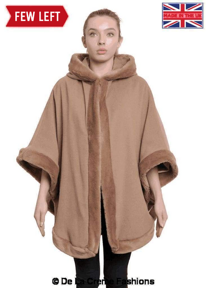 Rose Eleusis wool and cashmere blend hooded cape with fur lining, stylish women&