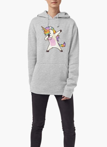 Gray hoodie featuring a dabbing unicorn design, perfect for women, from Scorpius&