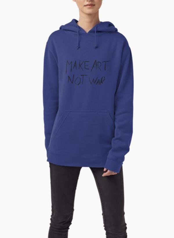 Blue Make Art Not War hoodie by Scorpius, featuring a casual sweater with a bold graphic design and comfortable fit.