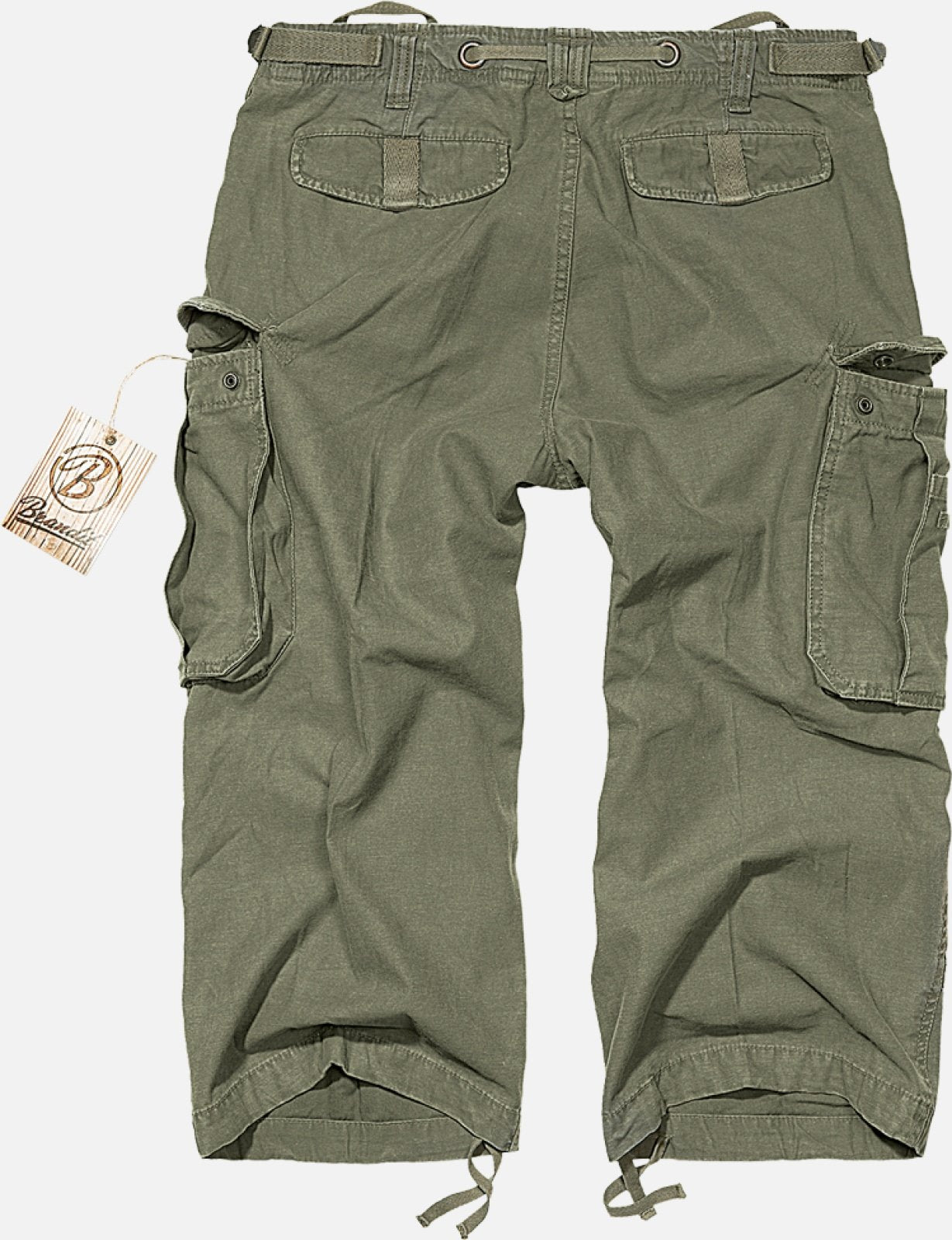 Callisto Industry 3/4 cargo shorts in khaki lying flat, featuring multiple pockets and durable fabric.