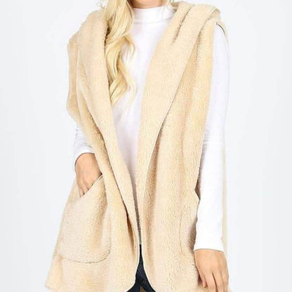 Ivory fleece hooded vest for women by Ochre Ismene, featuring a cozy, soft fleece fabric and a stylish hood design.