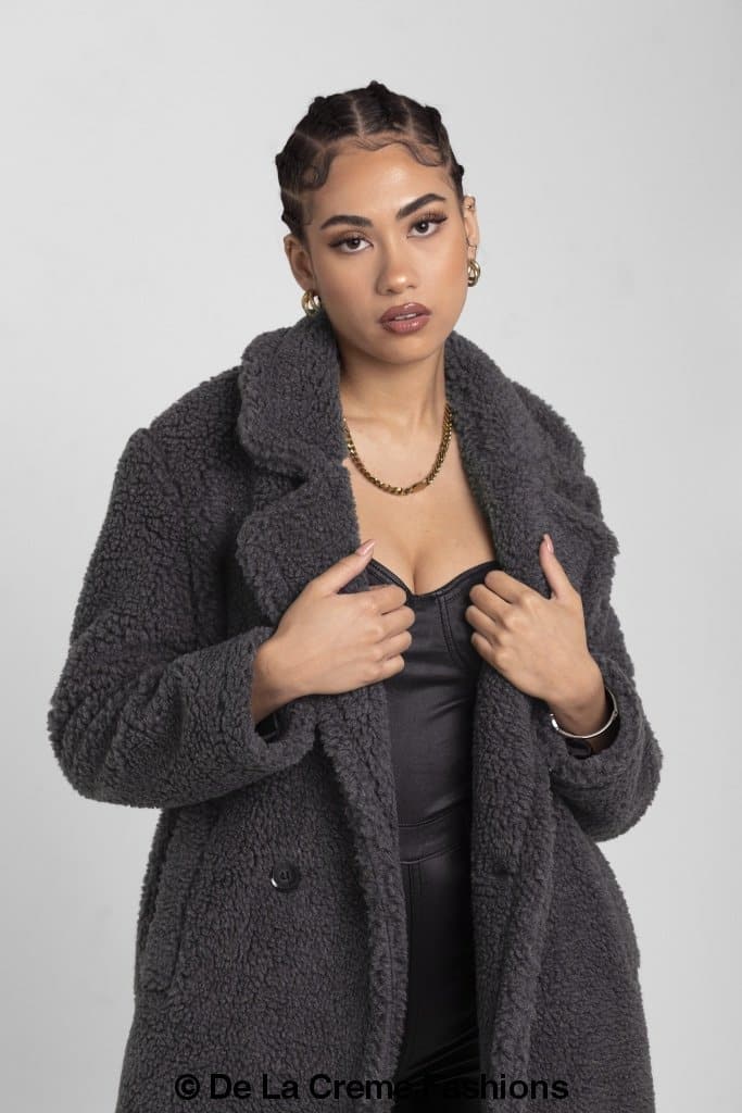 Rose Eleusis Jackie double-breasted borg teddy midi coat featuring a cozy, plush fabric and classic coat design.