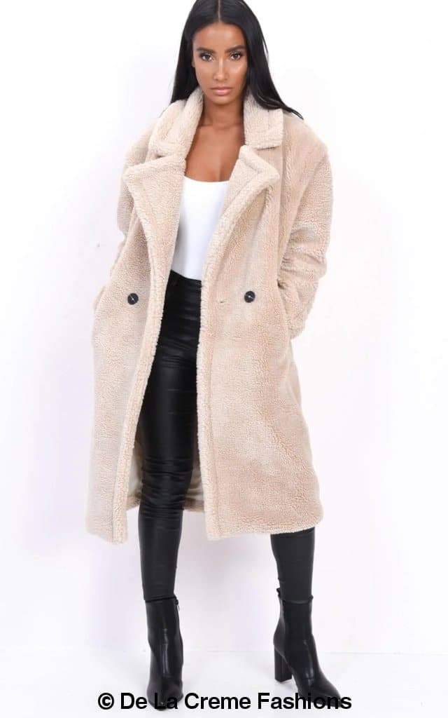 Rose Eleusis Jackie double-breasted borg teddy midi coat, cozy fleece-lined jacket with button details and a stylish midi length.