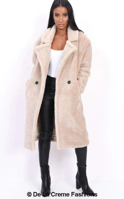 Rose Eleusis Jackie double-breasted borg teddy midi coat, cozy fleece-lined jacket with button details and a stylish midi length.