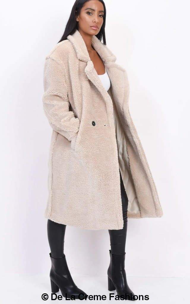 Rose Eleusis Jackie double-breasted borg teddy midi coat, cozy jacket with a plush teddy fabric and classic design.