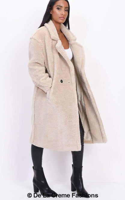Rose Eleusis Jackie double-breasted borg teddy midi coat, cozy jacket with a plush teddy fabric and classic design.