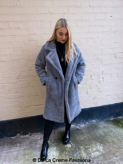 Rose Eleusis Jackie double-breasted borg teddy midi coat, cozy jacket with button closure and soft fleece texture.