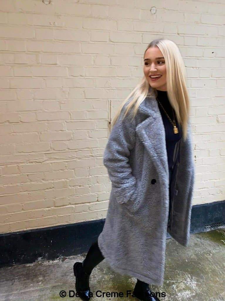 Rose Eleusis Jackie double-breasted borg teddy midi coat featuring a cozy, oversized borg fabric with a stylish collar and button details.