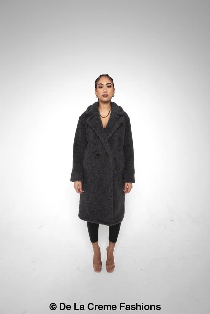 Rose Eleusis Jackie double-breasted borg teddy midi coat featuring a cozy, plush teddy fabric and classic midi length.