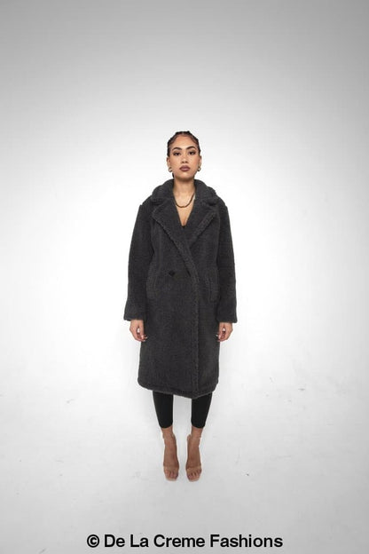Rose Eleusis Jackie double-breasted borg teddy midi coat featuring a cozy, plush teddy fabric and classic midi length.
