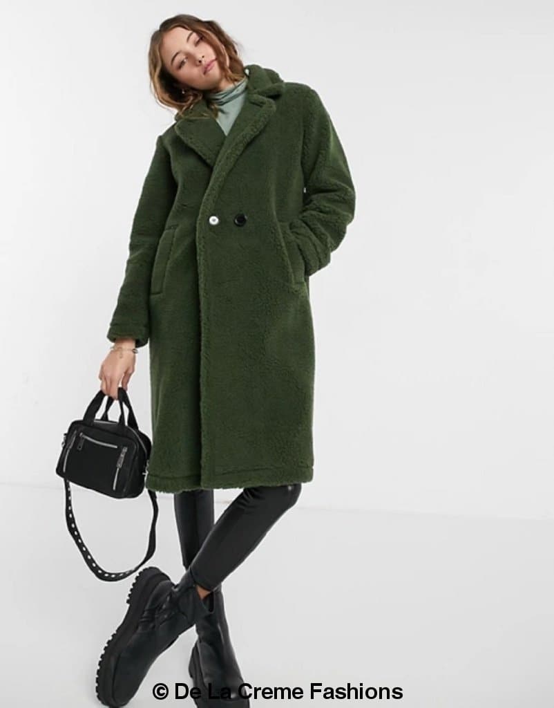 Rose Eleusis Jackie double-breasted borg teddy midi coat, cozy jacket with a button-up front and plush fleece material.