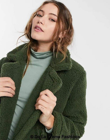 Rose Eleusis Jackie double-breasted borg teddy midi coat featuring a cozy, plush fabric and classic tailored design.