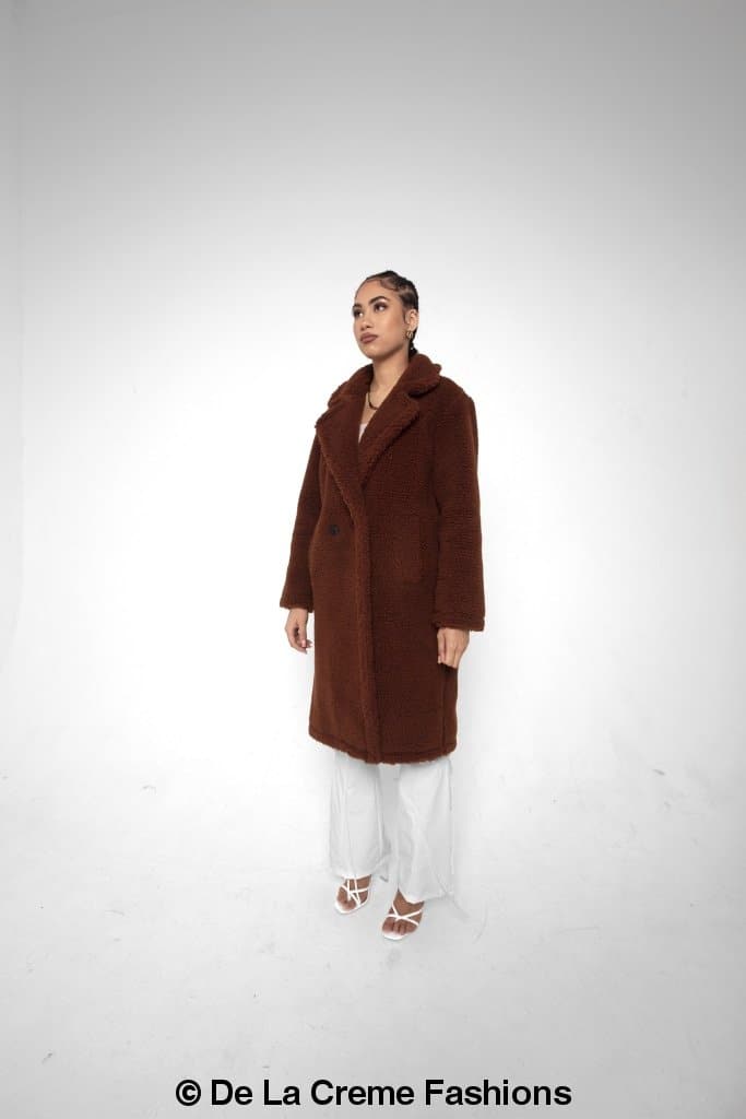 Rose Eleusis Jackie double-breasted borg teddy midi coat, cozy teddy-lined jacket with a classic silhouette and button details.