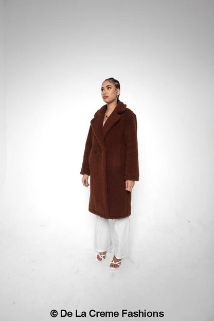 Rose Eleusis Jackie double-breasted borg teddy midi coat, cozy teddy-lined jacket with a classic silhouette and button details.