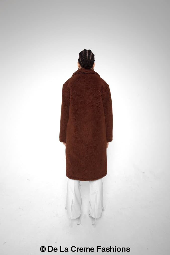 Rose Eleusis Jackie double-breasted borg teddy midi coat, warm cozy jacket with button details and plush fleece exterior.