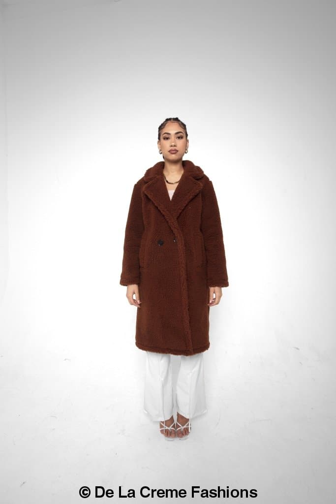 Rose Eleusis Jackie double-breasted borg teddy midi coat, soft warm jacket with button closure and cozy fleece lining.